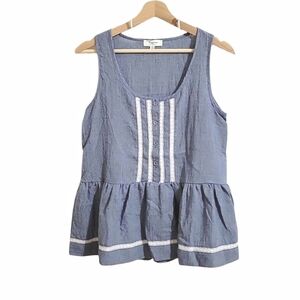 Hayden Los Angeles Blue & White Chambray Lace Trim Sleeveless Peplum Top Size S